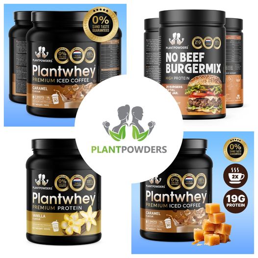 May be an image of text that says "***** 0% UARANTEED PLANTPOWDERS Plantwhey PREMIU ICED COFFEE CARAMEL 2SHOTS PLANTPOWDERS NO BEEF BURGERMIX HIGH PROTEIN 26BURGERS T:750G PLANTPOWDERS 0% PLANTPOWDERS Plantwhey PREMIU PROTEIN ১५5 2X VANILLA TLAYOUR PLANTPOWDERS Plantwhey PREMI ICED COFFEE CARAMEL 19G PROTEIN 2SHOTS 19"