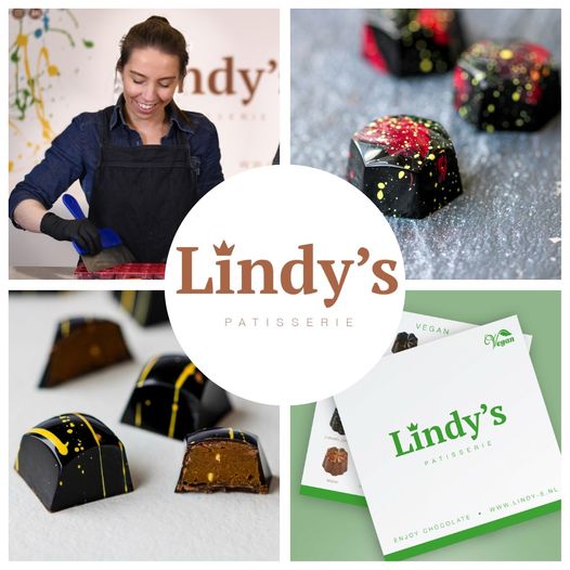 May be an image of 1 person and text that says "ndy' Lindy's PATISSERIE VEGAN Vegan egan Lindy's SE PATISSERIE PATISSERIE WwW LINDY CHOCOLATE ENJOY"