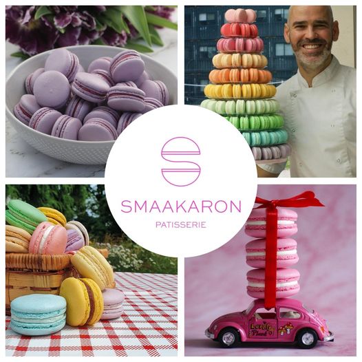 May be an image of 1 person, coconut macaroon and text that says "SMAAKARON PATISSERIE M"