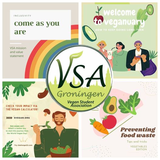 May be a graphic of ‎text that says "‎INCLUSIVITY come as you are welcome veganuary HOW H TO KEEP GOING LONG-TERM VSA mission and value statement CHECK YOUR IMPACT VIA THE VEGAN CALCULATOR! SA Groningen Vegan Student Association >>>> 5VEGAN.ORG Not_vegan_yet What's etteday journe than World Day! challenge22.com Preventing ۔ae food waste Tips and tricks VEGETABLES EDITION‎"‎