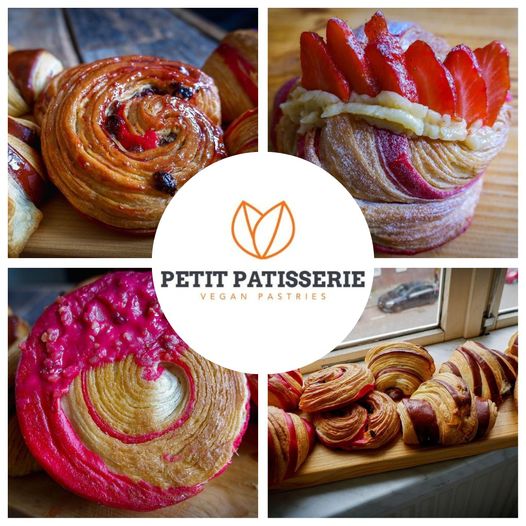May be an image of babka, baguette, tart, strawberry, cake and text that says "EΤΙT PATISSERIE VEGAN VEGANPASTRIES PASTRIES"